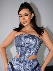 SHEIN SXY x STAS Ladies' Sexy Asymmetric Hem Bandeau Top With Denim Effect - Multicolor - View 5