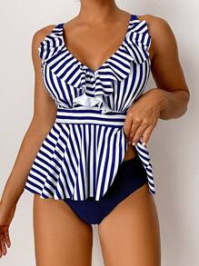 Swim Lushoire Summer Beach Ladies' Fashionable Ruffle Striped Tankini Top & Bottom - Blue and White - View 1