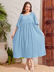SHEIN Vestido casual tipo A de cintura alta con cuello cuadrado de manga abullonada y textura tejida para adolescente - Celeste - Ver 7