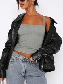 INAWLY Áo thun nữ mùa hè màu trơn viền ren Slim Fit Crop Cami Top - Màu Xám nhạt - Xem 3