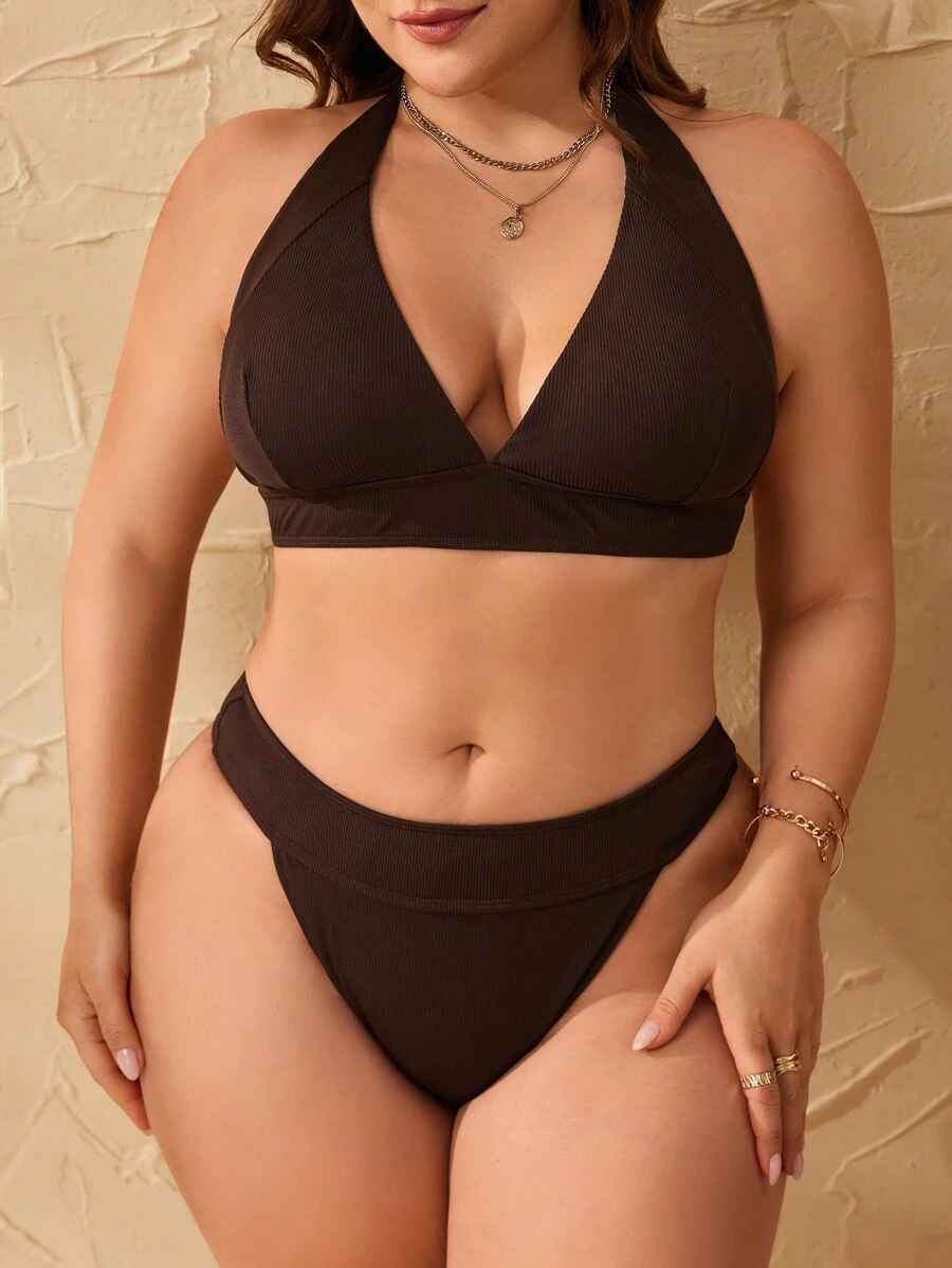 SHEIN Swim Curve 大码 V 领吊带无线沙滩比基尼套装，适合夏季海滩 - 棕色 - 查看 1