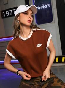 Streetz SHEIN Sport 女士拼色修飾休閒日常運動短袖T卹 - 棕色 - 查看 5
