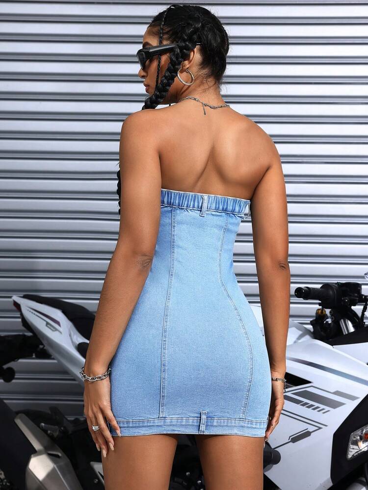 Women Fashionable Tube Bodycon Denim Dress