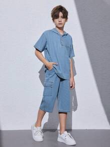 Tween Boy Fashionable Casual Streetwear Short Sleeve Hooded Denim Top And Workwear Denim Suit - Light Wash - View 5