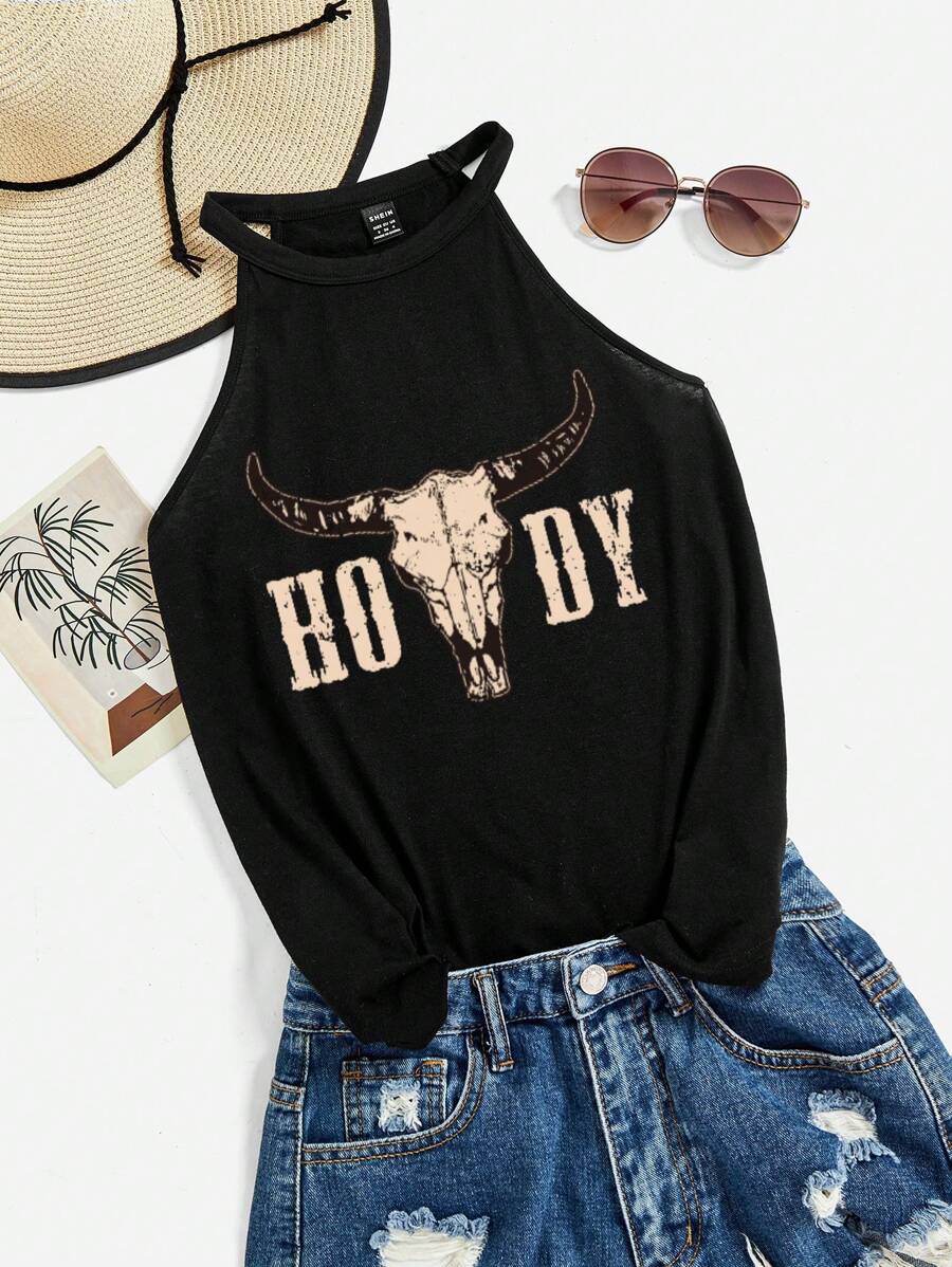 SHEIN Essnce 牛印花休閒夏季露脖背心適用於夏季，HOWDY - 黑色 - 查看 1