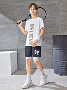 Tween Boy Loose Áo thun thể thao ngắn tay có họa tiết chữ cái - trắng - Xem 4