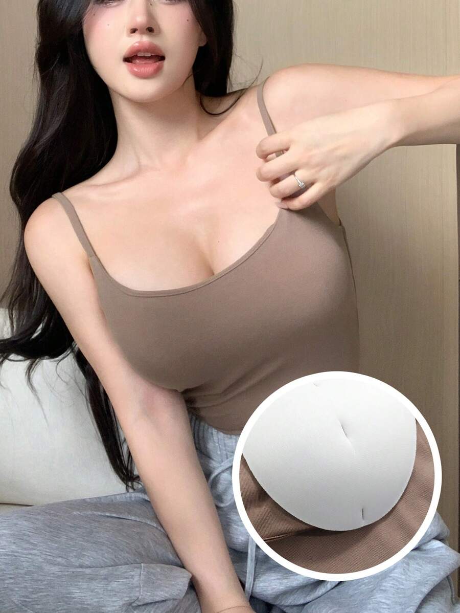 DAZY Débardeur à bretelles spaghetti rembourré pour femmes été toutes saisons - Kaki - Voir 1