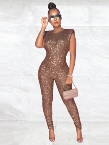Women's Glamorous Sleeveless Sequins Backless Long Party Jumpsuit With Zipper, High Stretch Fabric For An Alluring Look,Sleeveless Round Neck Sequined Waist Cinching Jumpsuit,Fall Women Clothes ,Winter Jumpsuit Women,Halloween Costume,New Year Clothes - Coffee Brown - View 1