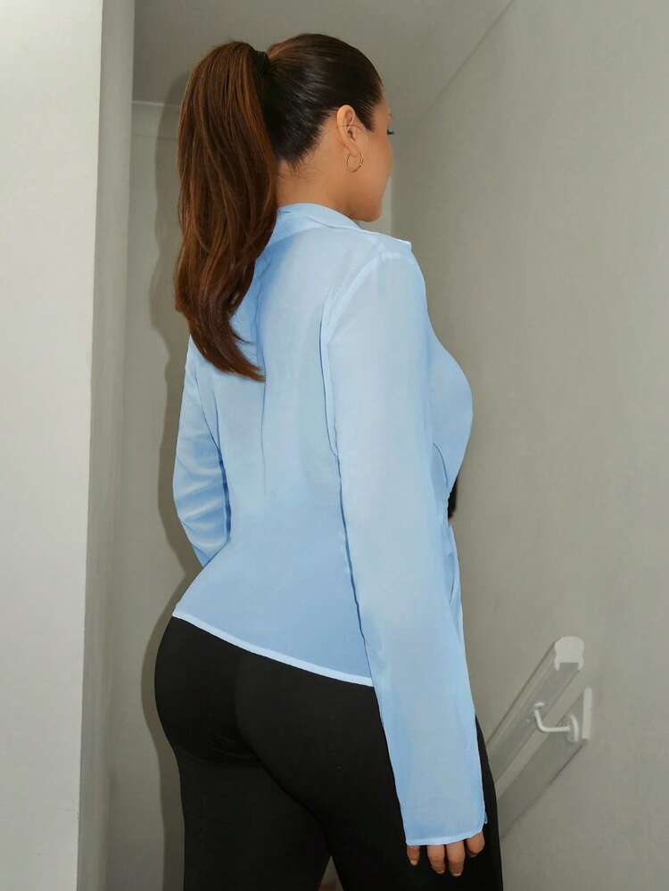 Women Spring/Summer Solid Color Long Sleeve Buttoned Slim Fit Shirt
