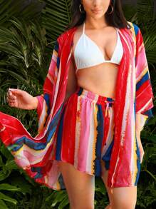 SHEIN SXY Summer Rainbow Stripe Printed Chiffon Loose Bell-Sleeved Jacket & Loose Shorts & White Knitted Vest 3Pcs Woman Outfits Short Sets