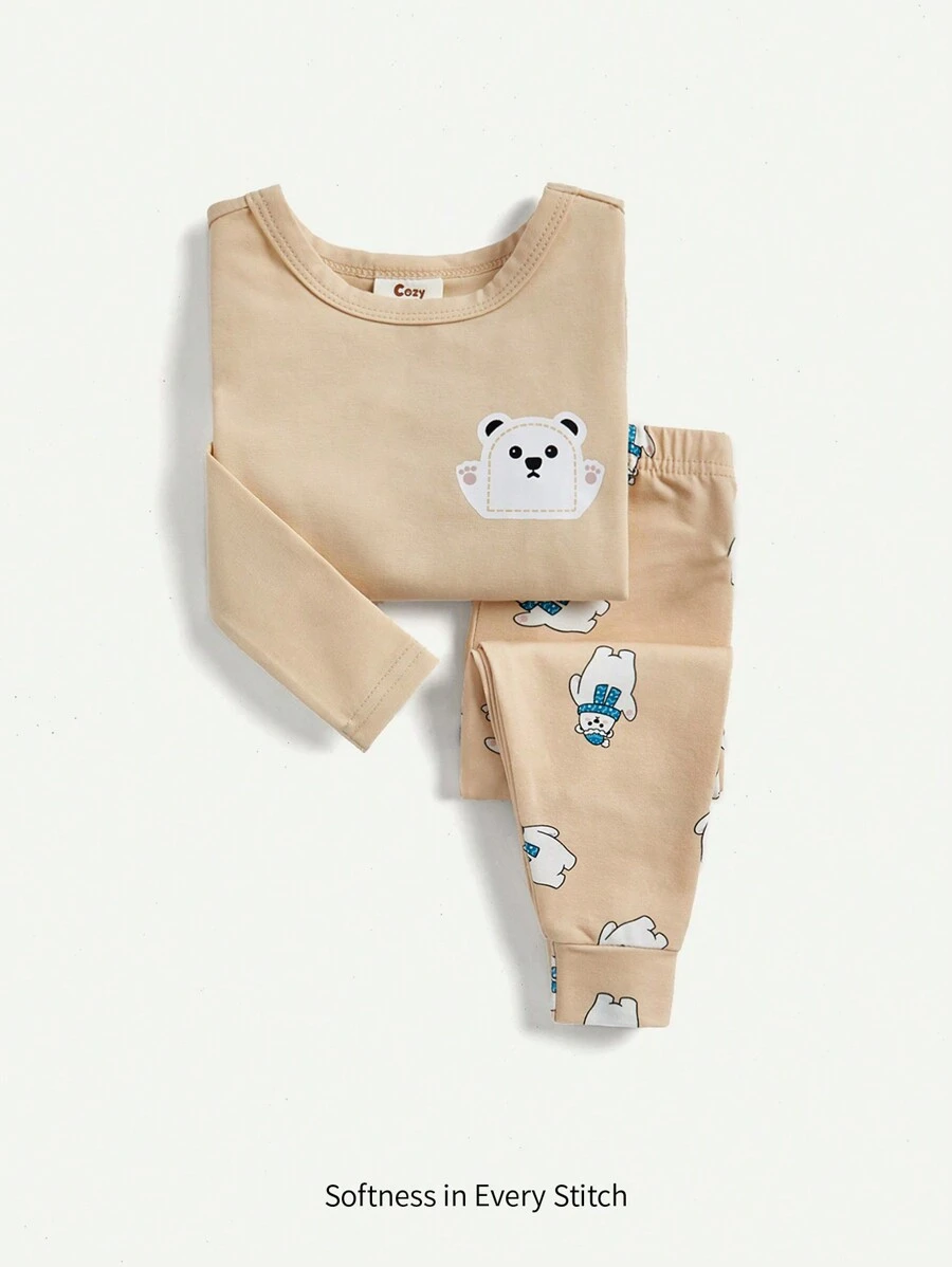 Cozy Pixies Đứa bé trai 2 Miếng Vừa Khít Bộ mặc nhà Với Gấu Hoạt hình In Vòng cổ Áo thun Và Dài Quần Với Rib Cổ tay áo - Màu Khaki - Xem 1