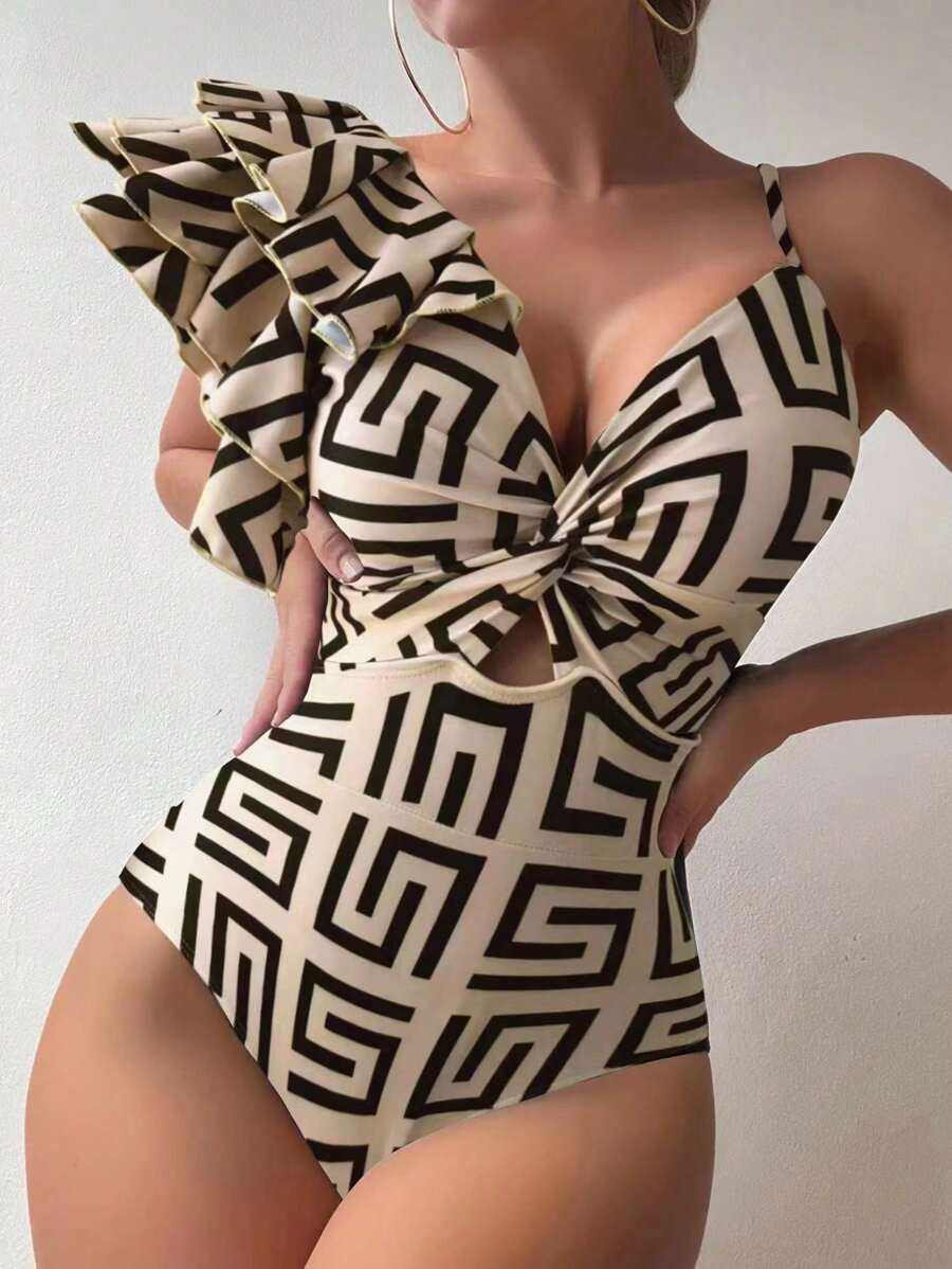 SHEIN Swim Summer Beach Women Random Geometric Print Cutout Asymmetrical Shoulder Ruffle One-Piece Swimsuit - Multicolor - View 1