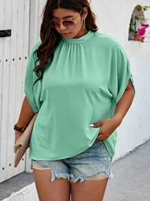Celure Chemise Casual à manches chauve-souris unicolore taille plus avec col rond et lien pour printemps/été