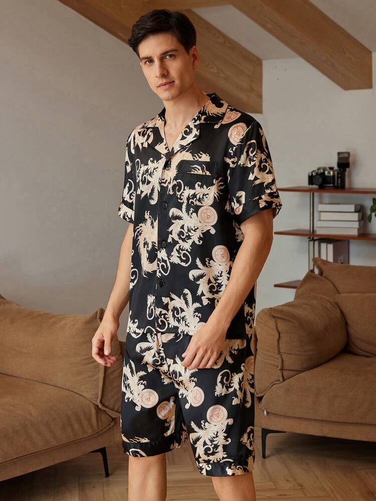 Men Casual Summer Printed Loose Fit Home Clothes Set