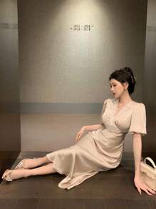 DAZY 女士蕾丝撞色V领优雅派对短袖连衣裙，生日舞会礼服，正式女士鸡尾酒会礼服 - 香檳色 - 查看 7
