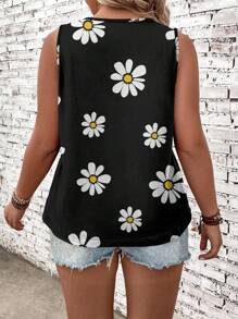 EMERY ROSE Plus Size Floral Pattern Summer Casual Sleeveless Tank Top - Black - View 2