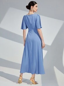 Modelyn 女士純色簡約折疊設計連衣裙 - 藍色 - 查看 2