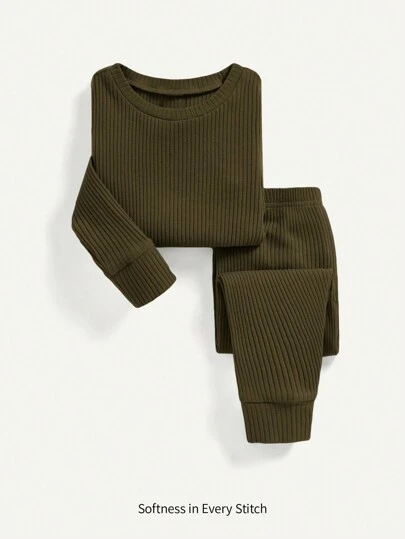 Cozy Pixies Baby Boy Snug Fit Casual Solid Color Round Neck Top And Pants Homewear Set Matching Set