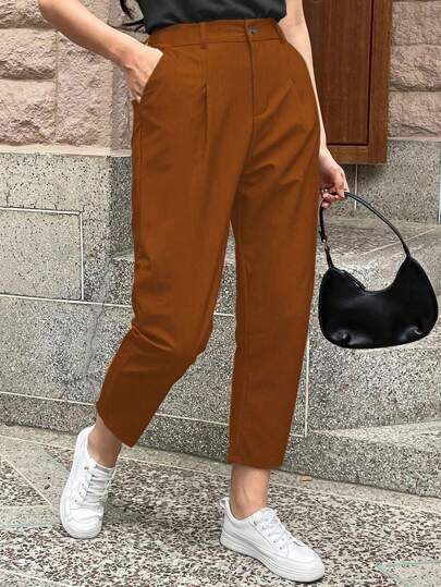Calvaya Pantalones casuales de talla grande de unicolor con bolsillo en diagonal, cintura con cinturón, aptos para actividades al aire libre y uso diario