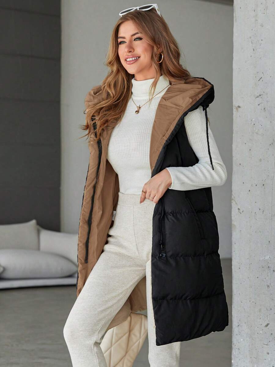 RueChic Ladies' Solid Color Zipper Design Mid-Length Padded Vest Coat - Black - View 1