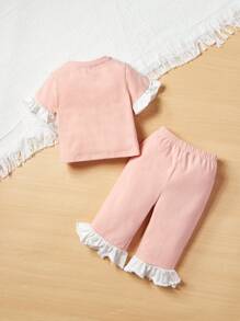 SHEIN Babygirl Casual And Cute Cartoon Pattern Patchwork Ruffle Hem Loose Pajamas Homewear Set - Pink - View 2