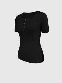 INAWLY Camiseta casual de verano para mujer de manga corta con cuello redondo, unicolor, media hilera de botones y tapeta