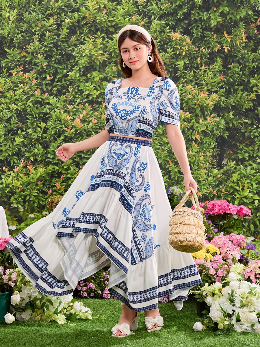 Teen Girl Vacation Paisley Puff Sleeve Print Top With Asymmetrical Hem Skirt Two-Piece Set - Blue - View 1