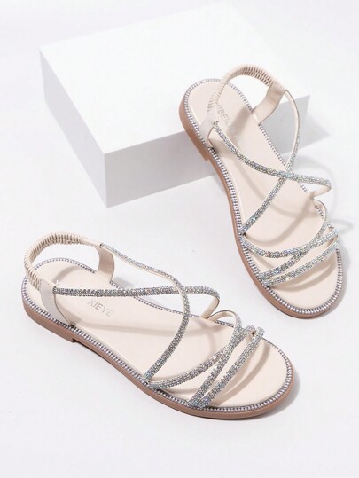 New Summer Decorative Rhinestone Fashion Elastic Band Versatile Roman Holiday Style Soft Flat Sandals