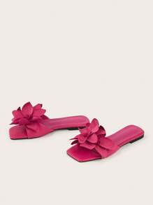 Casual Vacation Elegant Floral Rose Pink Square Toe Flat Sandals Slippers Valentines,Spring Summer Outfits - Hot Pink - View 3