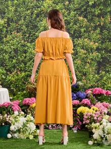 Teen Girl Holiday Frill Edge Decorated Top And Skirt Two Pieces Set - Yellow - View 2