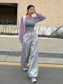 DAZY Women Plain Round Neck Hollow Out Long Sleeve Cropped Loose Top For Spring And Summer Going Out Tops - Violet Purple - View 2