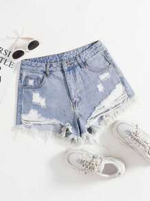 SHEIN EZwear Shorts en denim déchiré à l"ourlet à franges pour femmes pour les saisons de printemps et d'été.