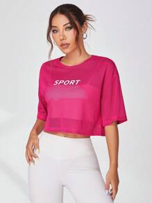 Easithlete Women 3D Letter Print Mesh Sports T-Shirt Gym Top