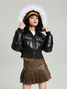 SHEIN Tween Girl 毛绒装饰连帽夹棉大衣 - 黑色 - 查看 6