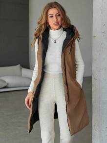 RueChic Ladies' Solid Color Zipper Design Mid-Length Padded Vest Coat - Black - View 2