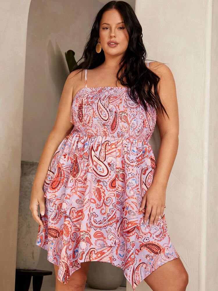 Plus-Size Women's Holiday Pattern Asymmetrical Hem Top With Cami Woven Music Festival Dress Summer Clothes Easter Women Dress Western Woman Attire Plus