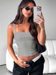 INAWLY Áo thun nữ mùa hè màu trơn viền ren Slim Fit Crop Cami Top - Màu Xám nhạt - Xem 5