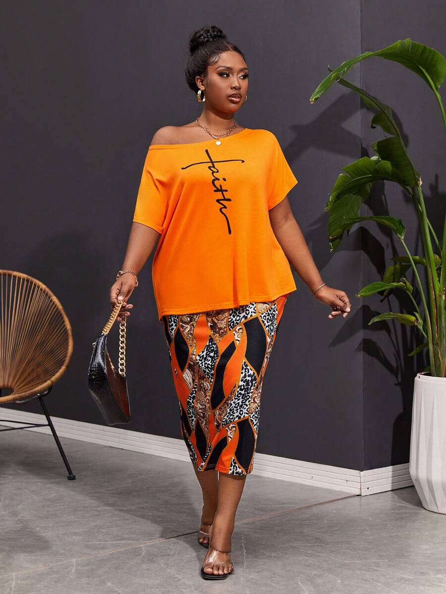 Maweii 大尺寸夏季休閒斜領字母印花上衣和豹紋拼接七分褲套裝 - 亮橙色 - 查看 1