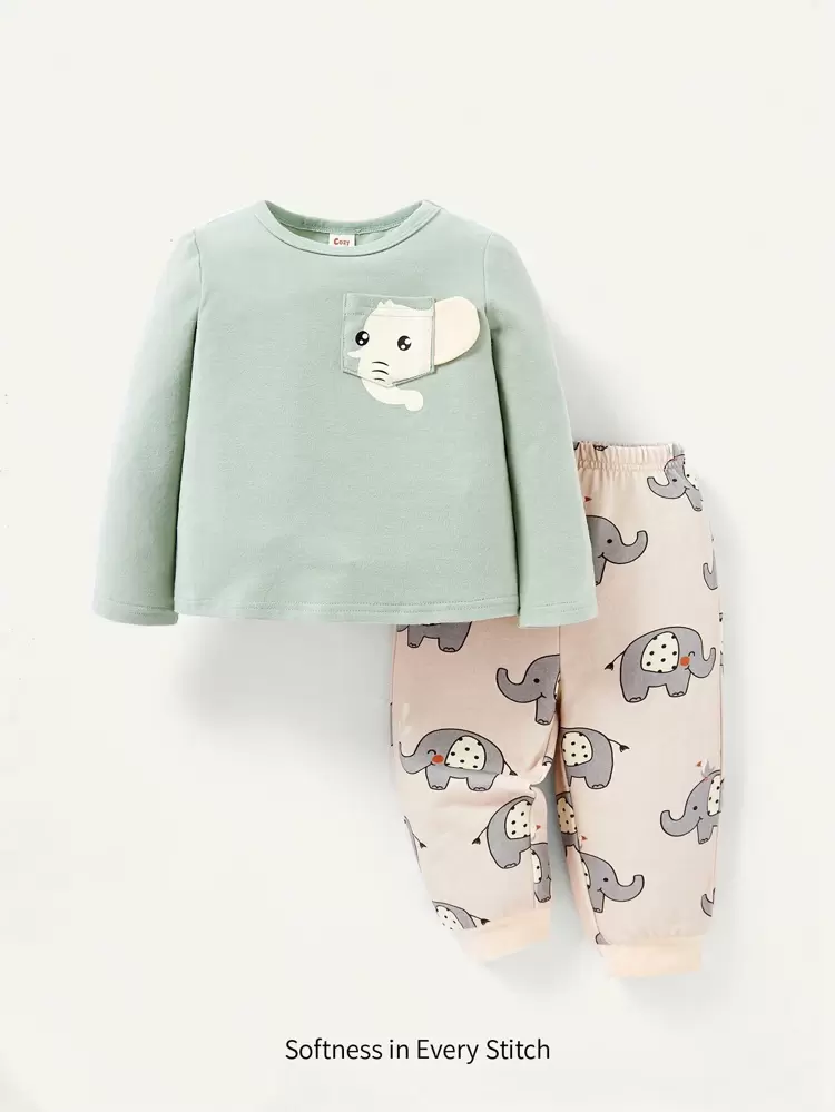 Baby Boy Elephant Patched Tee & Cartoon Graphic Sweatpants