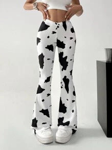 SHEIN EZwear Hose mit Glockenschnitt und elastischem Bund im Kuh-Muster - Schwarz und Weiss - Übersicht 4