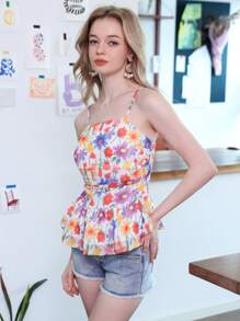 BELROSIE Random Floral Printed Ruffle Hem Summer Fashionable Camisole Top - Multicolor - View 1