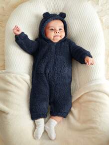 Cozy Pixies Baby Boy 3D Ear Design Hooded Teddy Jumpsuit - Royal Blue - View 4