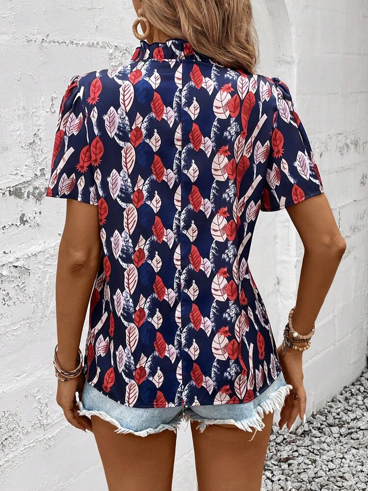 Women Casual Vacation Flutter Sleeve Tie Neck Blouse