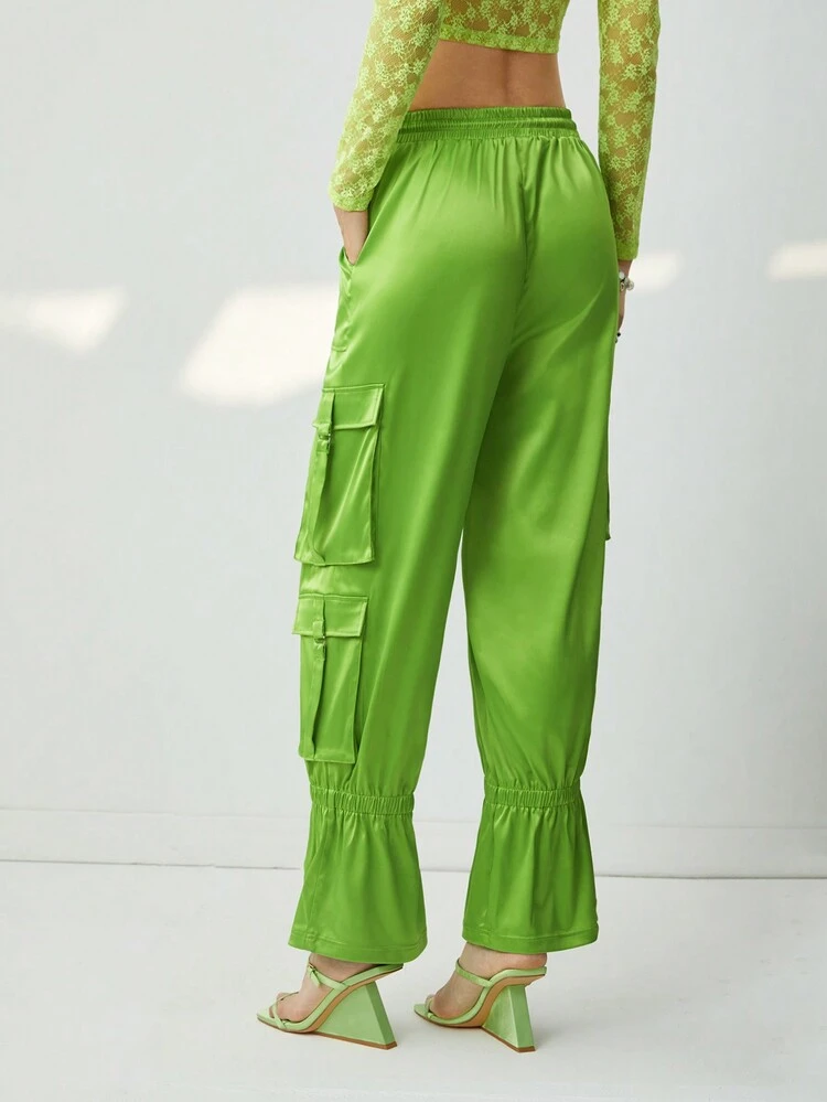 Women Solid Color Drawstring Waist Pants With Flap Pockets