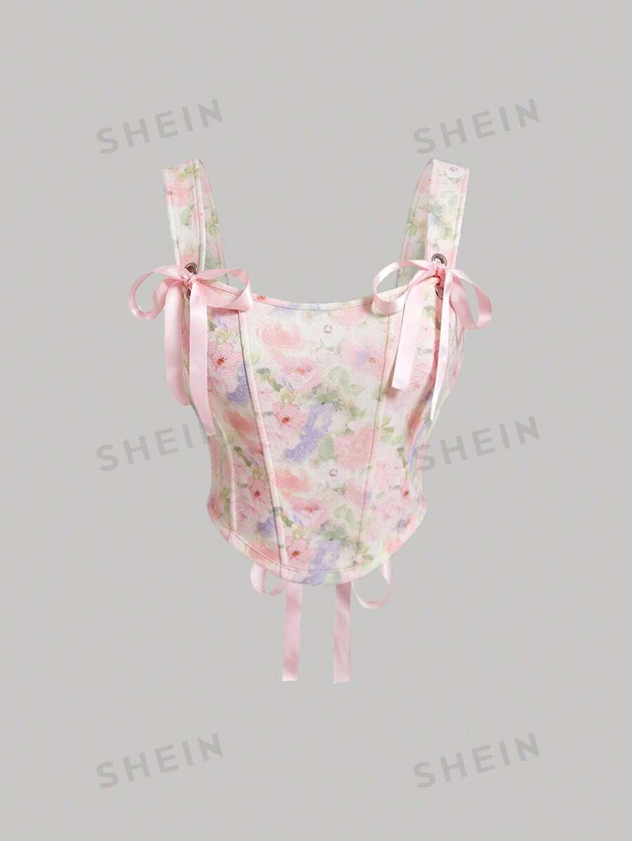 SHEIN MOD Top de tanque de verano rosa con estampado de flores degradado y detalle de ballena y lazo en la espalda como corsé