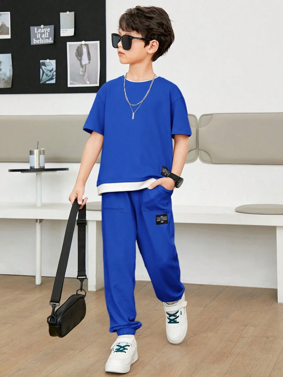SHEIN Teen Boy Summer Casual Color Block Letter2 In 1 ชุดเสื้อยืดและ ...