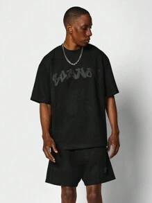 SUMWON Suedette Tee And Short With Graphic 2 Piece Set - Black - View 1