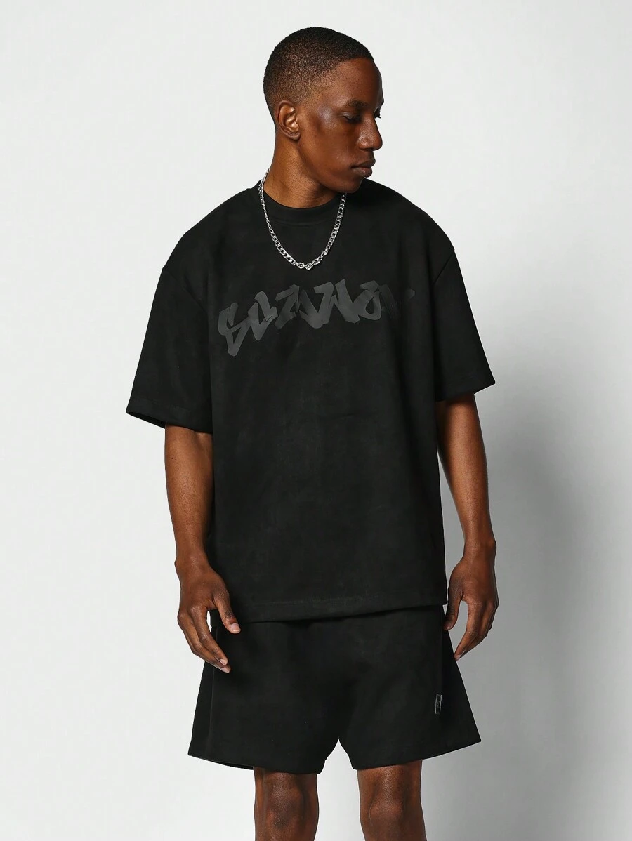 SUMWON Suedette Tee And Short With Graphic 2 Piece Set - Black - View 1