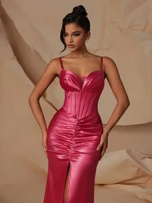 VIPGIRL Split Hem Spaghetti Strap High Waist Women Evening Dress - Hot Pink - View 4