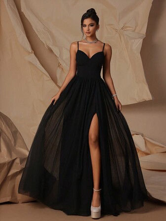  VIPGIRL Spaghetti Strap High Waist Slimming And Leg Lengthening Evening Party Dress For Women Black Elegant Formal Prom Wedding Guest Gown, For Graduation, Dinner